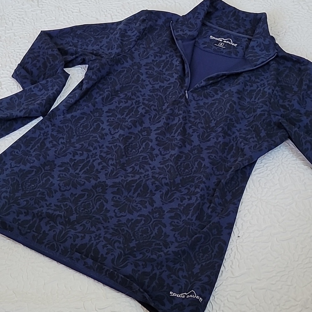 Eddie Bauer Women's Blue Damask Long Sleeve 1/4 Zip Pullover Mock Neck Top, S